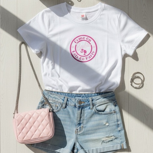 Hanes Tops - Come on Let’s Go Party Barbie White T-Shirt with Pink Graphic